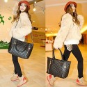 Women's PU Leather Quilted Check Pattern Twin Zipper Shoulder Bag Totes  