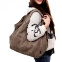 Women Canvas Bag Shoulder Bag Zipper Closure Solid Color Handbag  